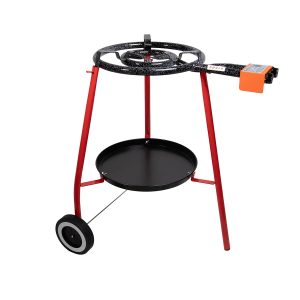 Garcima Lucia Paella Pan Set with Gas Burner, 18 Inch Enameled Grill Plat and Support Stand with Wheels and Accessory Tray, Imported from Spain (12 Servings)