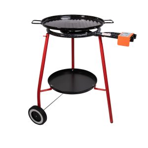 Garcima Lucia Paella Pan Set with Gas Burner, 18 Inch Enameled Grill Plate and Support Stand with Wheels and Accessory Tray, Imported from Spain (12 Servings)